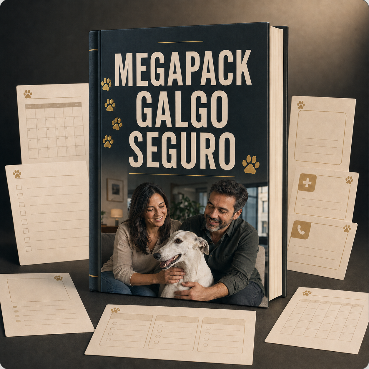 Libro MegaPack Galgo Seguro acompañado por fichas y recursos de cuidado